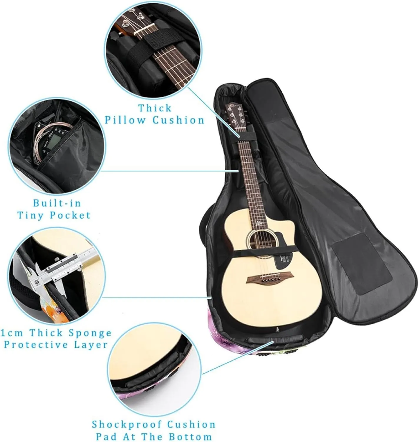 40 41 42 Inch Guitar Gig Bag, 0.4 In Thick Sponge Soft Padded Guitar Case Cover for Acoustic Electric Bass Classical Guitar, Watercolor Colorful Flower Bouquet Pattern