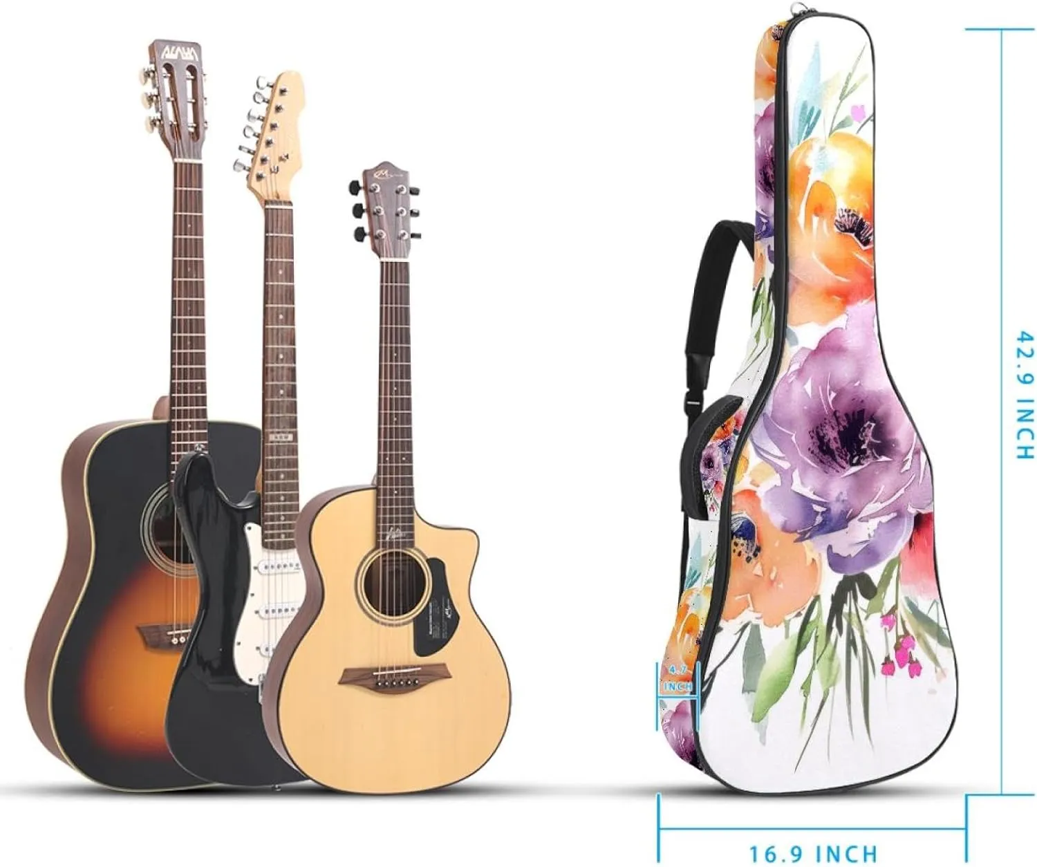 40 41 42 Inch Guitar Gig Bag, 0.4 In Thick Sponge Soft Padded Guitar Case Cover for Acoustic Electric Bass Classical Guitar, Watercolor Colorful Flower Bouquet Pattern