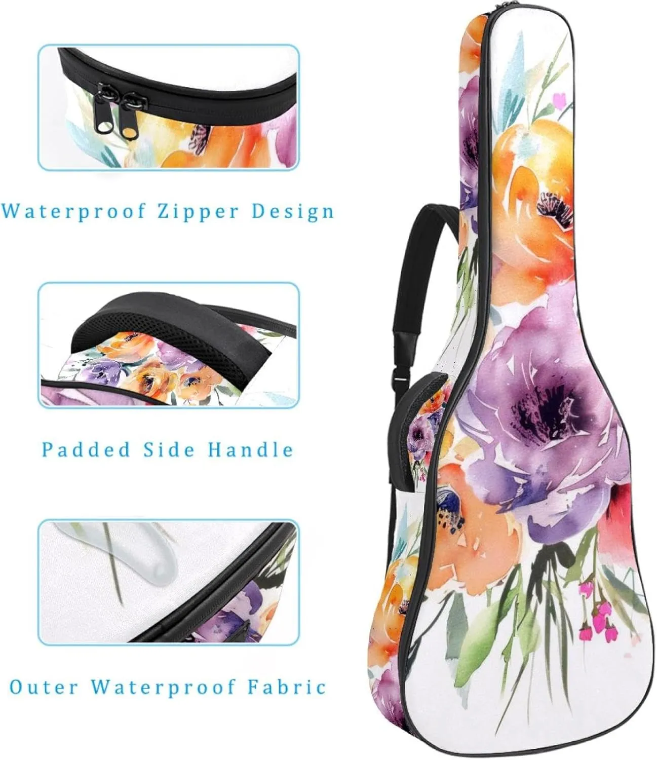40 41 42 Inch Guitar Gig Bag, 0.4 In Thick Sponge Soft Padded Guitar Case Cover for Acoustic Electric Bass Classical Guitar, Watercolor Colorful Flower Bouquet Pattern