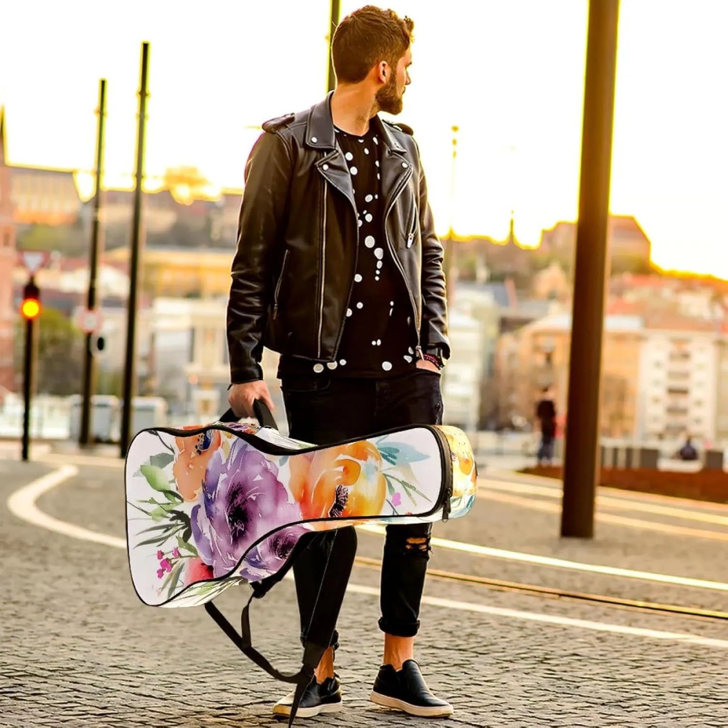 40 41 42 Inch Guitar Gig Bag, 0.4 In Thick Sponge Soft Padded Guitar Case Cover for Acoustic Electric Bass Classical Guitar, Watercolor Colorful Flower Bouquet Pattern