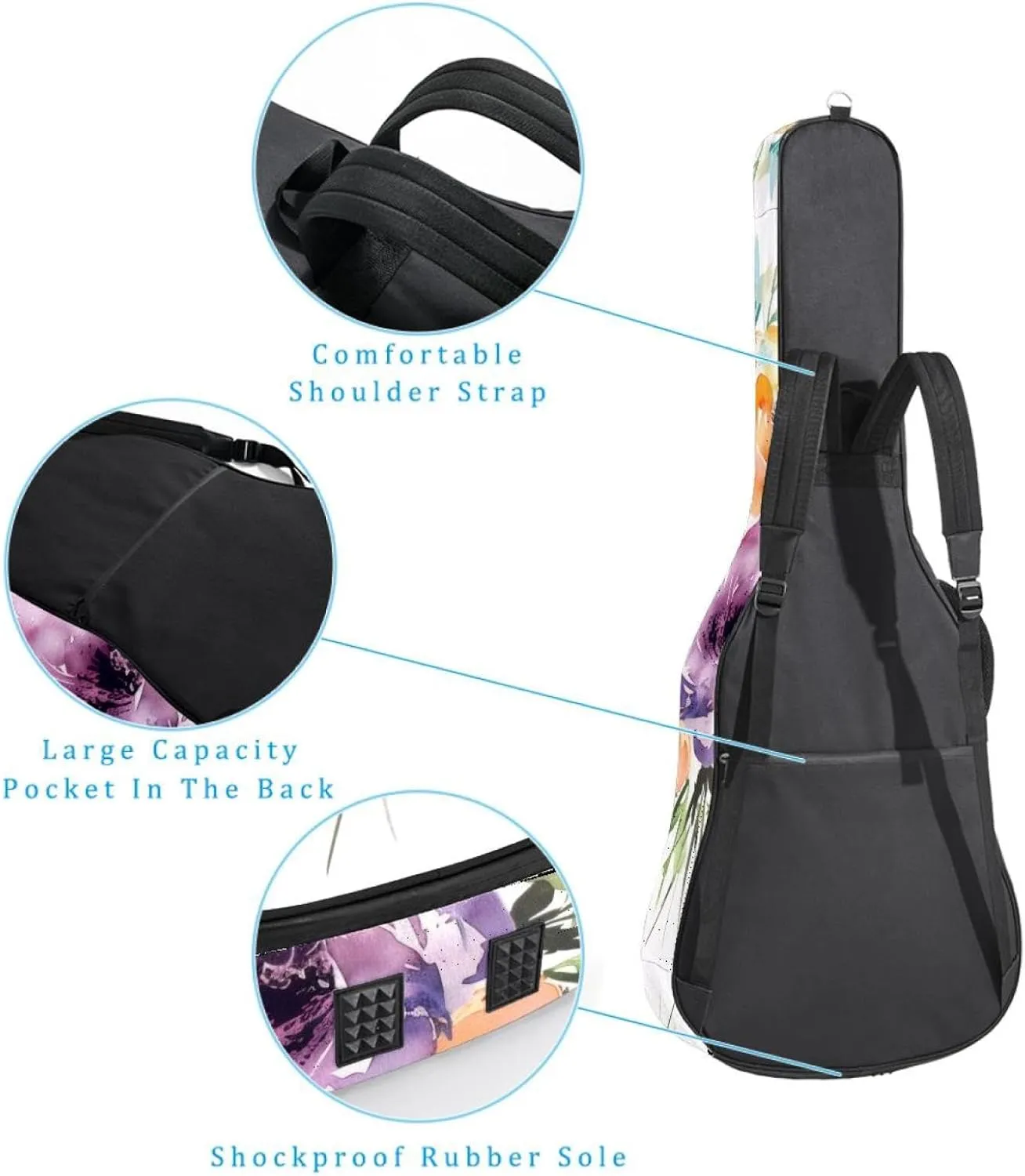 40 41 42 Inch Guitar Gig Bag, 0.4 In Thick Sponge Soft Padded Guitar Case Cover for Acoustic Electric Bass Classical Guitar, Watercolor Colorful Flower Bouquet Pattern