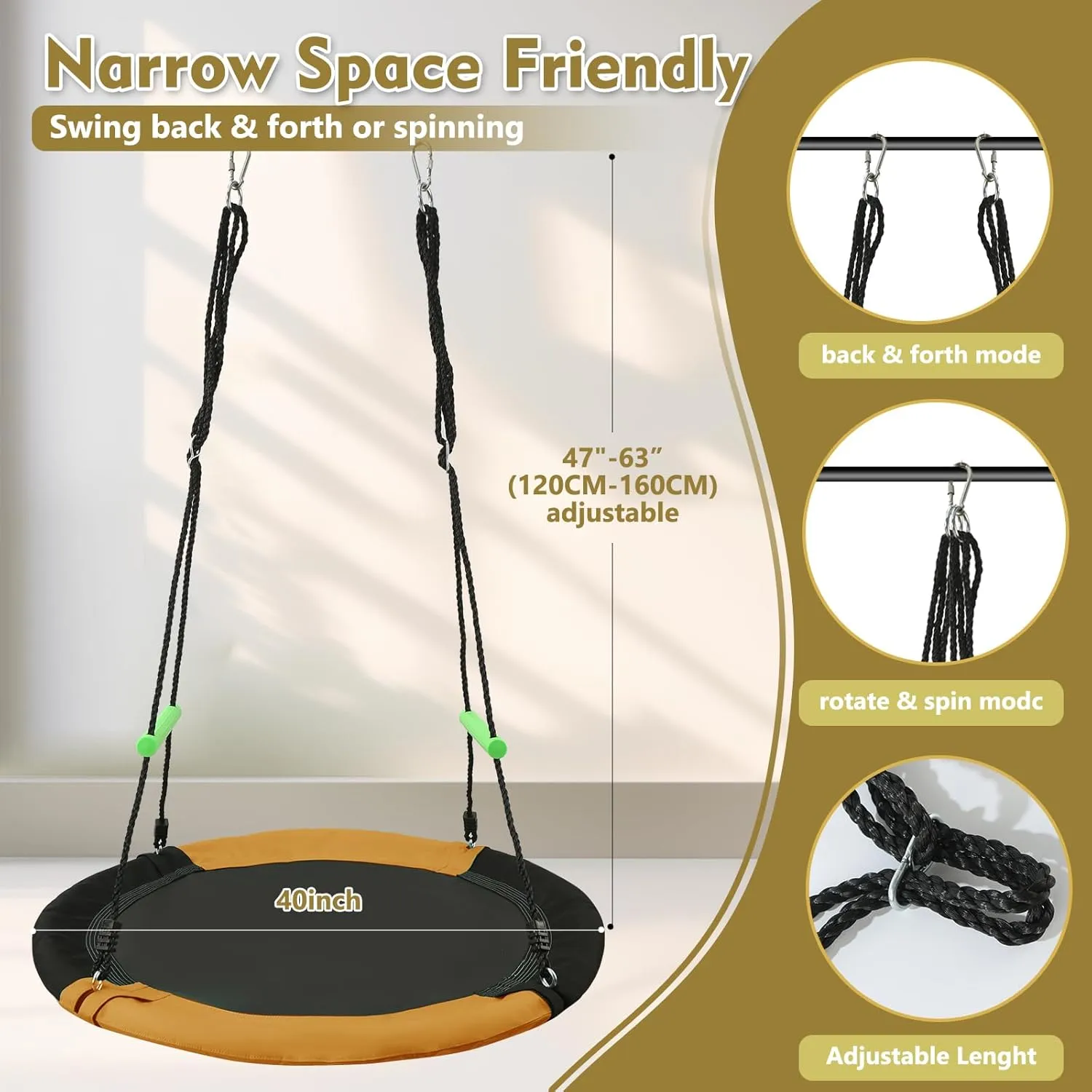 40 inch Diameter Saucer Swing - 1 Inch Diameter&1MM Thick Sturdy Steel Frame with Thick Foam Pipe Cover and Durable Oxford   PP Mat (Black Orange, 40 inches Diameter)