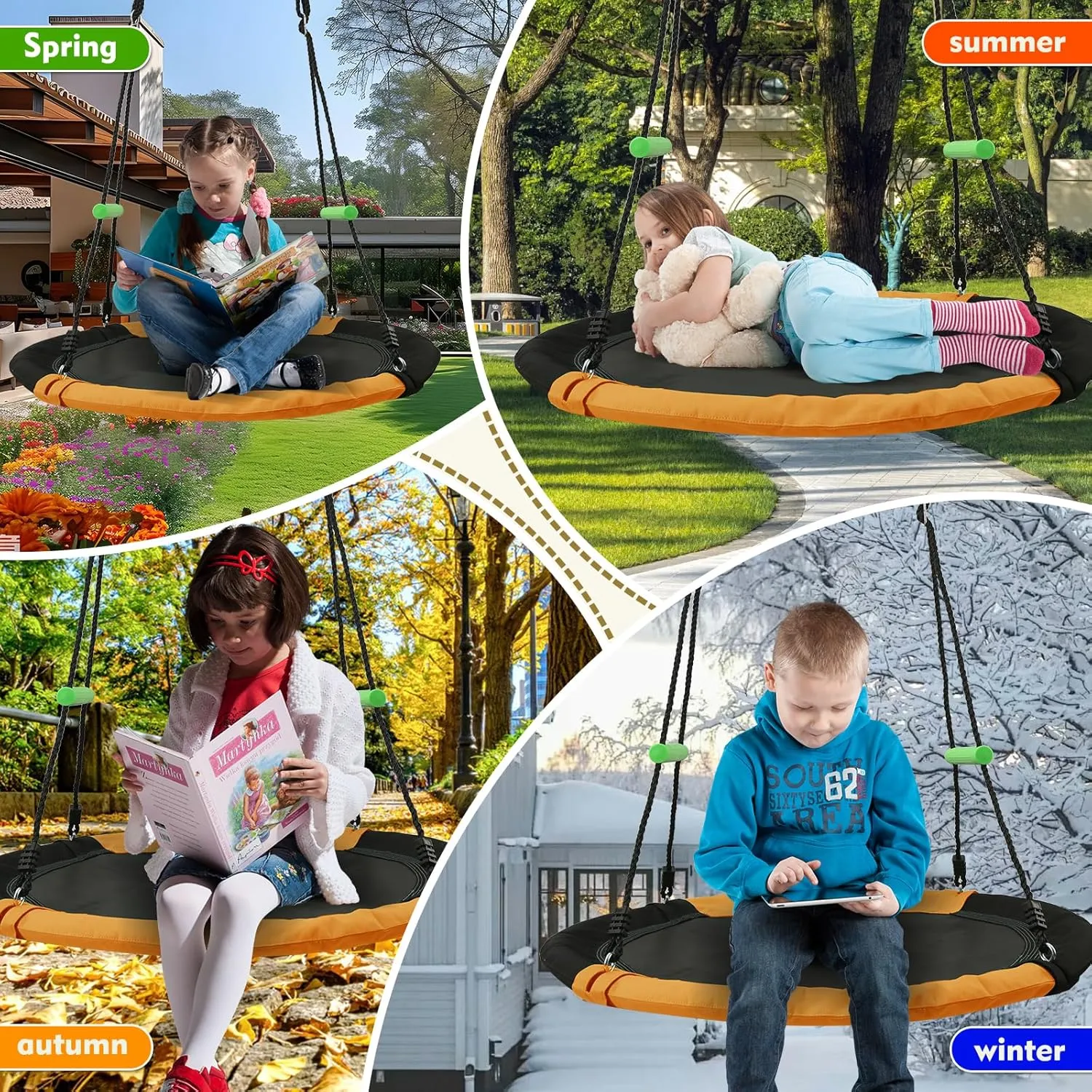 40 inch Diameter Saucer Swing - 1 Inch Diameter&1MM Thick Sturdy Steel Frame with Thick Foam Pipe Cover and Durable Oxford   PP Mat (Black Orange, 40 inches Diameter)