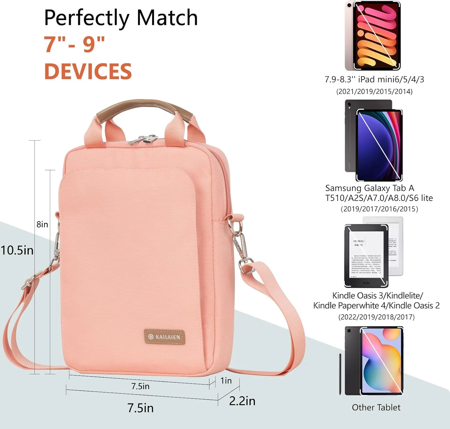 7-9 Inch Tablet Sleeve Bag, Ipad Bag for iPad Mini 6/5/4/3/2,Samsung Galaxy Tab A7 Lite 8.7" / Tab A 8.0",Kindle 2022/10/9/8/7/6,eReader,with Removable Shoulder Strap (Pink)