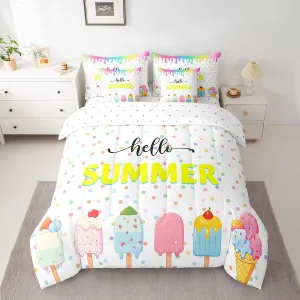 7 Pieces Hello Summer Comforter Set Queen, Colorful Ice Cream Bedding Set for Kids Boys Girls, Rainbow Dots Droplet Type Bed in a Bag 7pcs with Comforter, Fitted Sheet, Flat Sheet and Pillow Cases