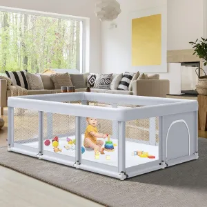 74" ×50" Large Baby Playpen, Baby Playard for Babies and Toddlers, Play Fence Play Pens for Indoor & Outdoor, Sturdy Safety Play Yard with Soft Breathable Mesh, Anti-Fall, Grey