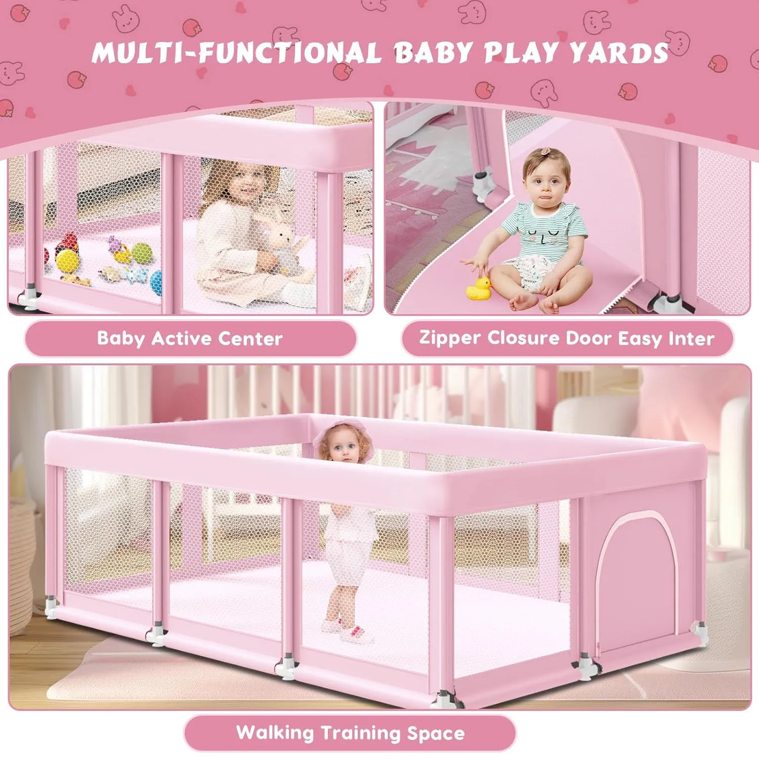 74" ×50" Large Baby Playpen, Baby Playard for Babies and Toddlers, Play Pens for Indoor & Outdoor, Sturdy Safety Play Yard with Soft Breathable Mesh, Anti-Fall, Pink