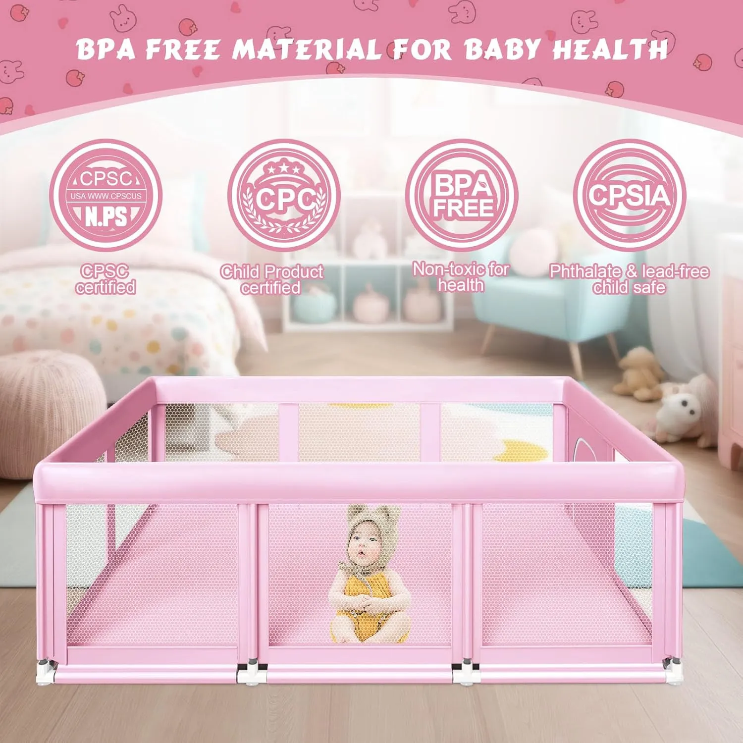 74" ×50" Large Baby Playpen, Baby Playard for Babies and Toddlers, Play Pens for Indoor & Outdoor, Sturdy Safety Play Yard with Soft Breathable Mesh, Anti-Fall, Pink