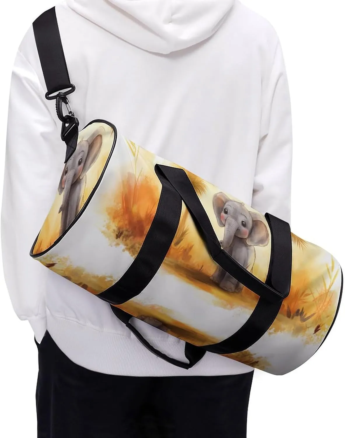 A Friendly Asian Elephant Cub Travel Gym Bag for Women Men Happy Cylindrical Duffle Bag Sport Workout Bag with Shoulder Strap