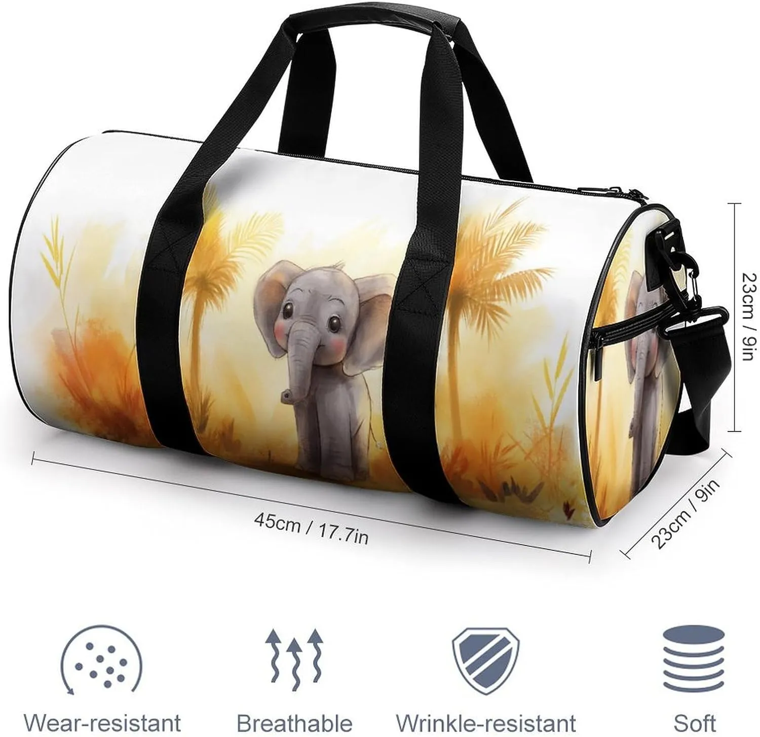 A Friendly Asian Elephant Cub Travel Gym Bag for Women Men Happy Cylindrical Duffle Bag Sport Workout Bag with Shoulder Strap