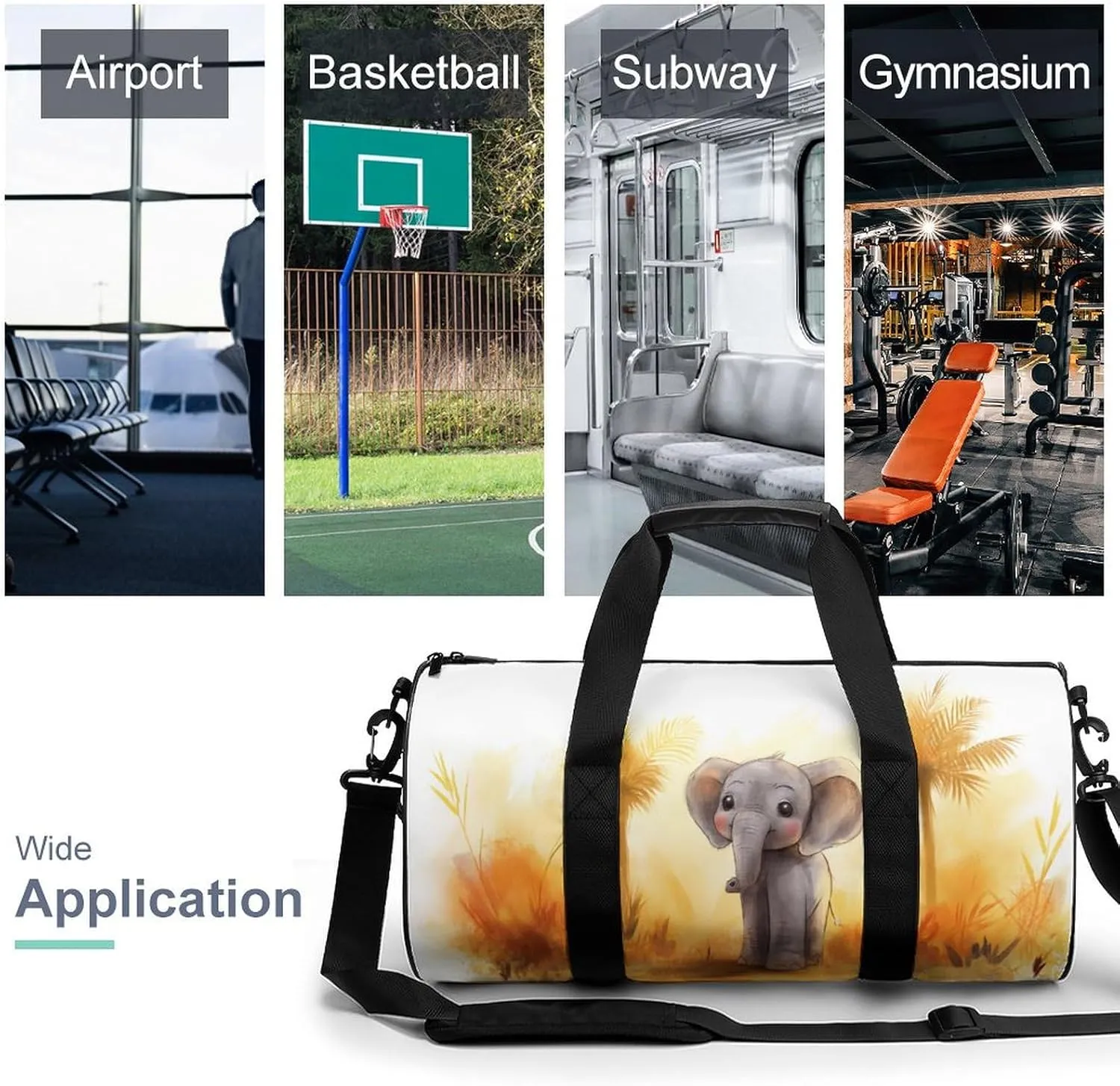 A Friendly Asian Elephant Cub Travel Gym Bag for Women Men Happy Cylindrical Duffle Bag Sport Workout Bag with Shoulder Strap