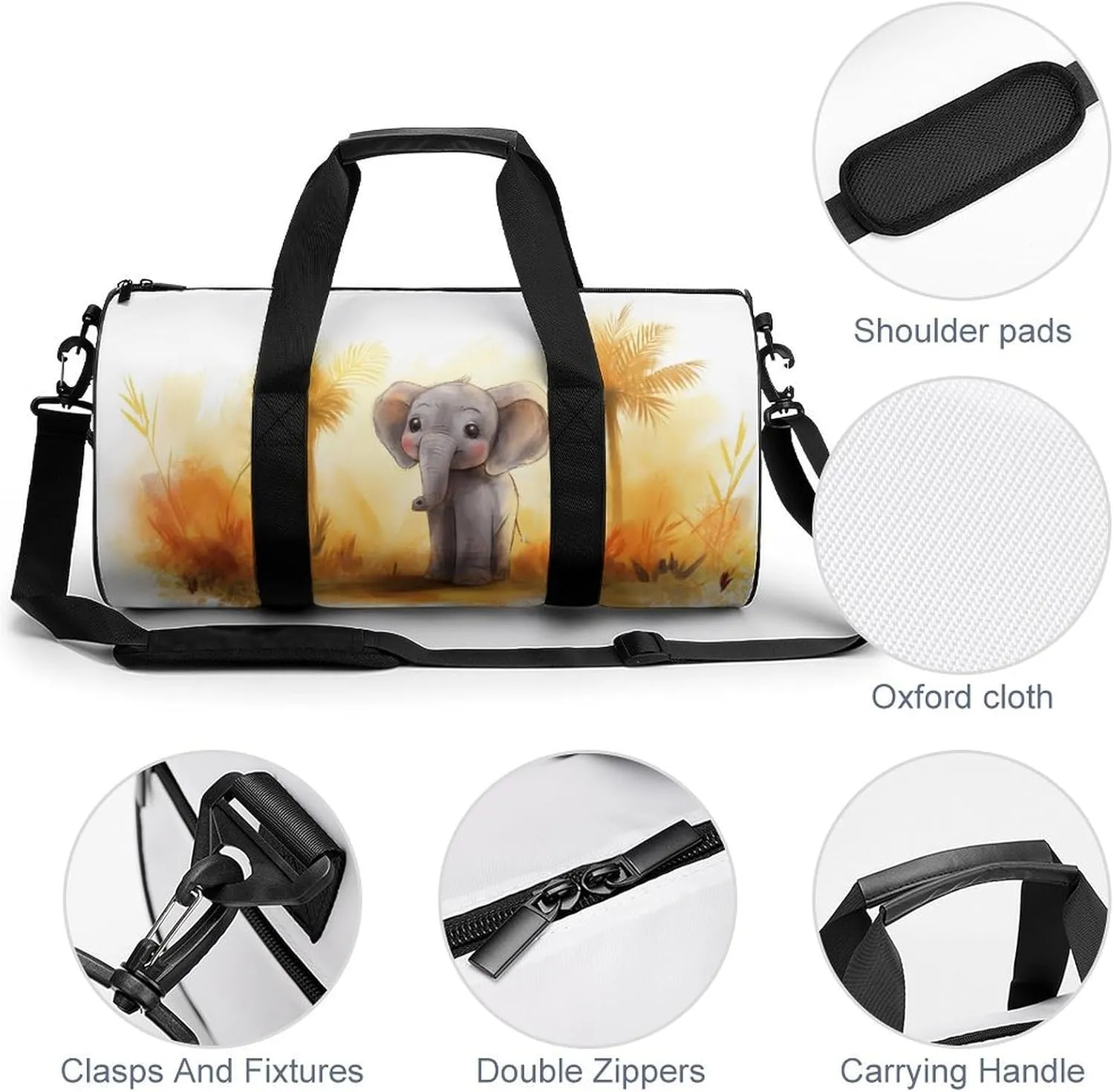 A Friendly Asian Elephant Cub Travel Gym Bag for Women Men Happy Cylindrical Duffle Bag Sport Workout Bag with Shoulder Strap