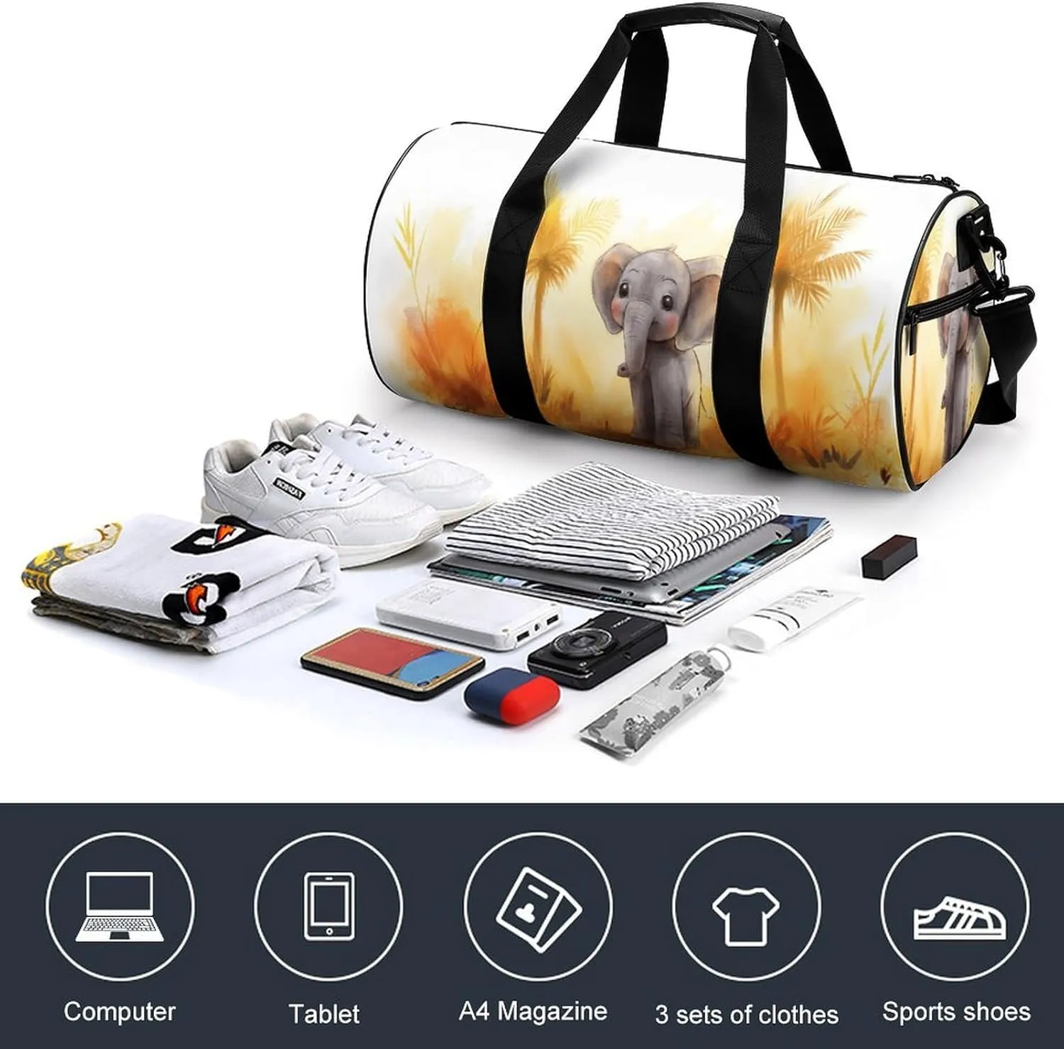 A Friendly Asian Elephant Cub Travel Gym Bag for Women Men Happy Cylindrical Duffle Bag Sport Workout Bag with Shoulder Strap