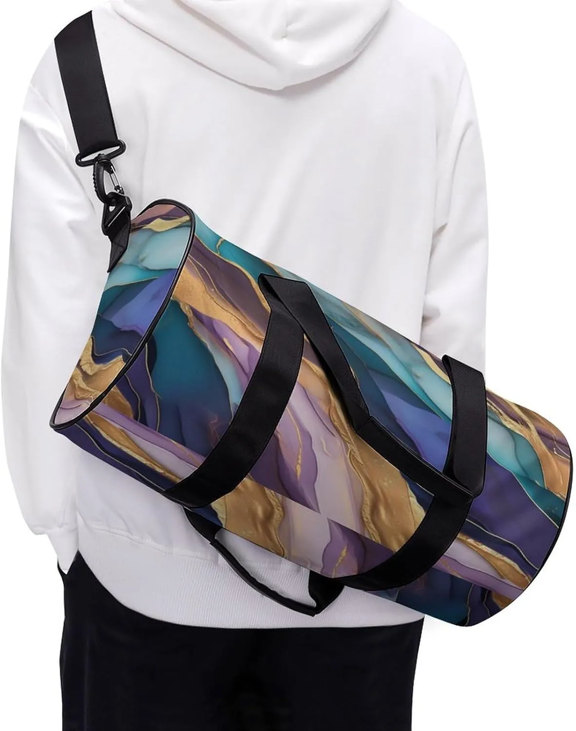 Abstract Colorful Agate Pattern Travel Gym Bag for Women Men Cylindrical Duffle Bag Sport Workout Bag with Shoulder Strap