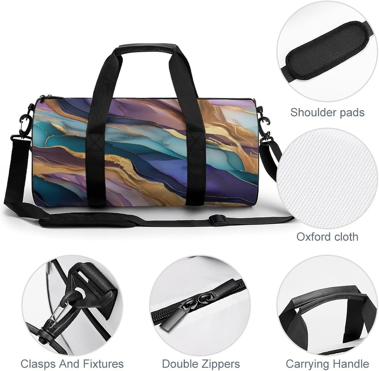 Abstract Colorful Agate Pattern Travel Gym Bag for Women Men Cylindrical Duffle Bag Sport Workout Bag with Shoulder Strap