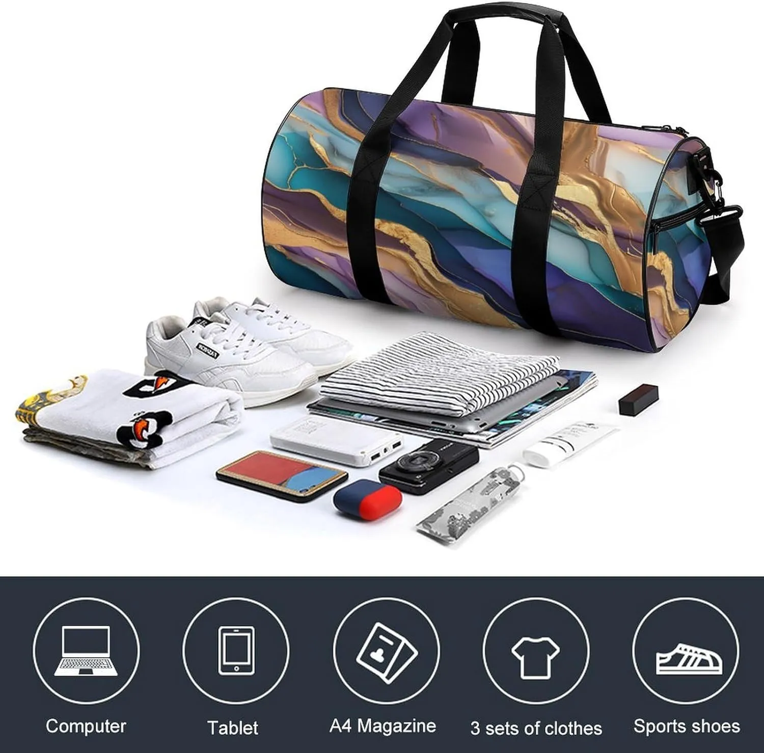 Abstract Colorful Agate Pattern Travel Gym Bag for Women Men Cylindrical Duffle Bag Sport Workout Bag with Shoulder Strap