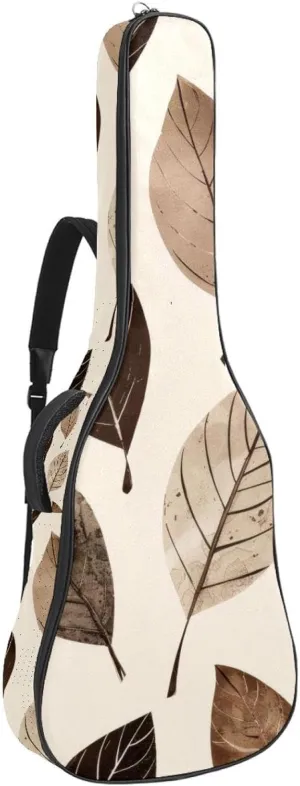 Acoustic Guitar Bag 1 cm Thick Padding, Waterproof Oxford Cloth Guitar Bag Backpack for 40-42 Inch Electric Bass Classical Guitars, Vintage Leaves