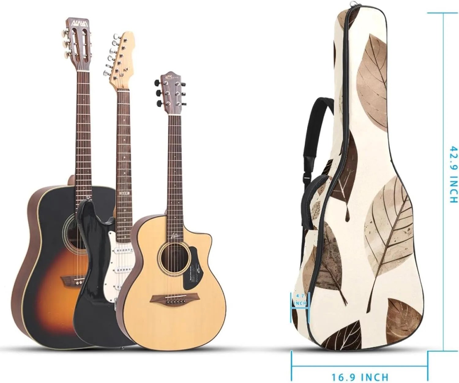 Acoustic Guitar Bag 1 cm Thick Padding, Waterproof Oxford Cloth Guitar Bag Backpack for 40-42 Inch Electric Bass Classical Guitars, Vintage Leaves