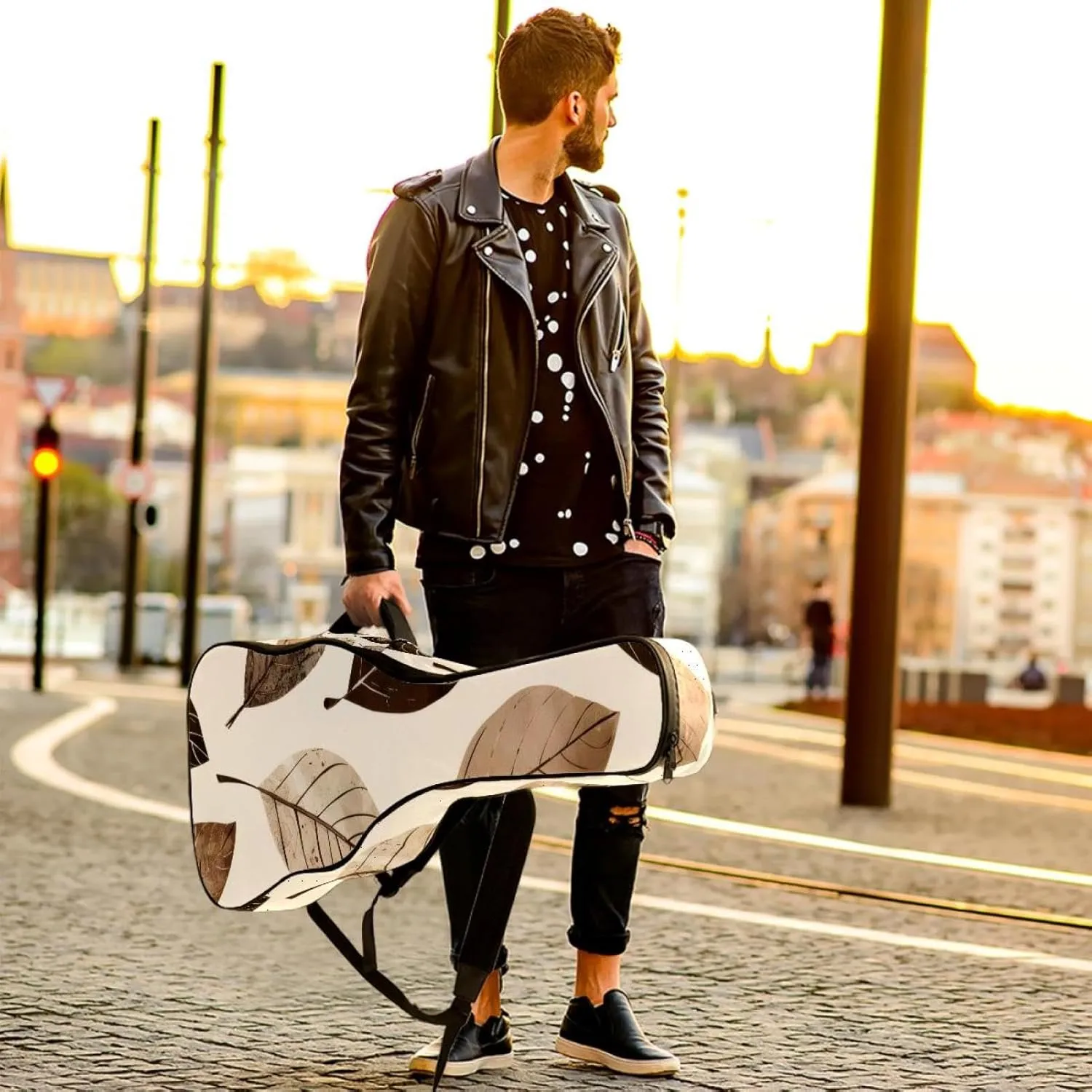 Acoustic Guitar Bag 1 cm Thick Padding, Waterproof Oxford Cloth Guitar Bag Backpack for 40-42 Inch Electric Bass Classical Guitars, Vintage Leaves