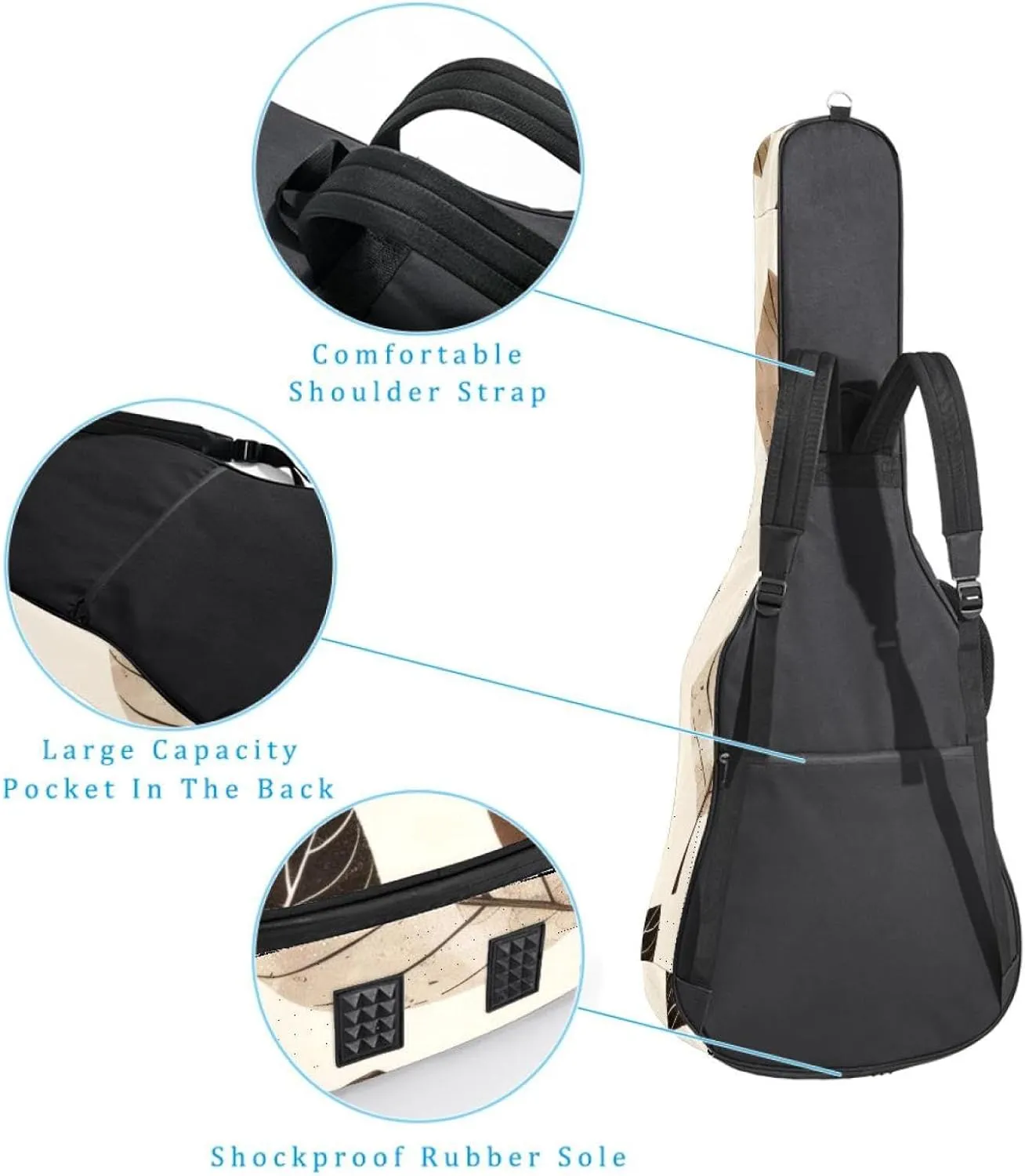 Acoustic Guitar Bag 1 cm Thick Padding, Waterproof Oxford Cloth Guitar Bag Backpack for 40-42 Inch Electric Bass Classical Guitars, Vintage Leaves