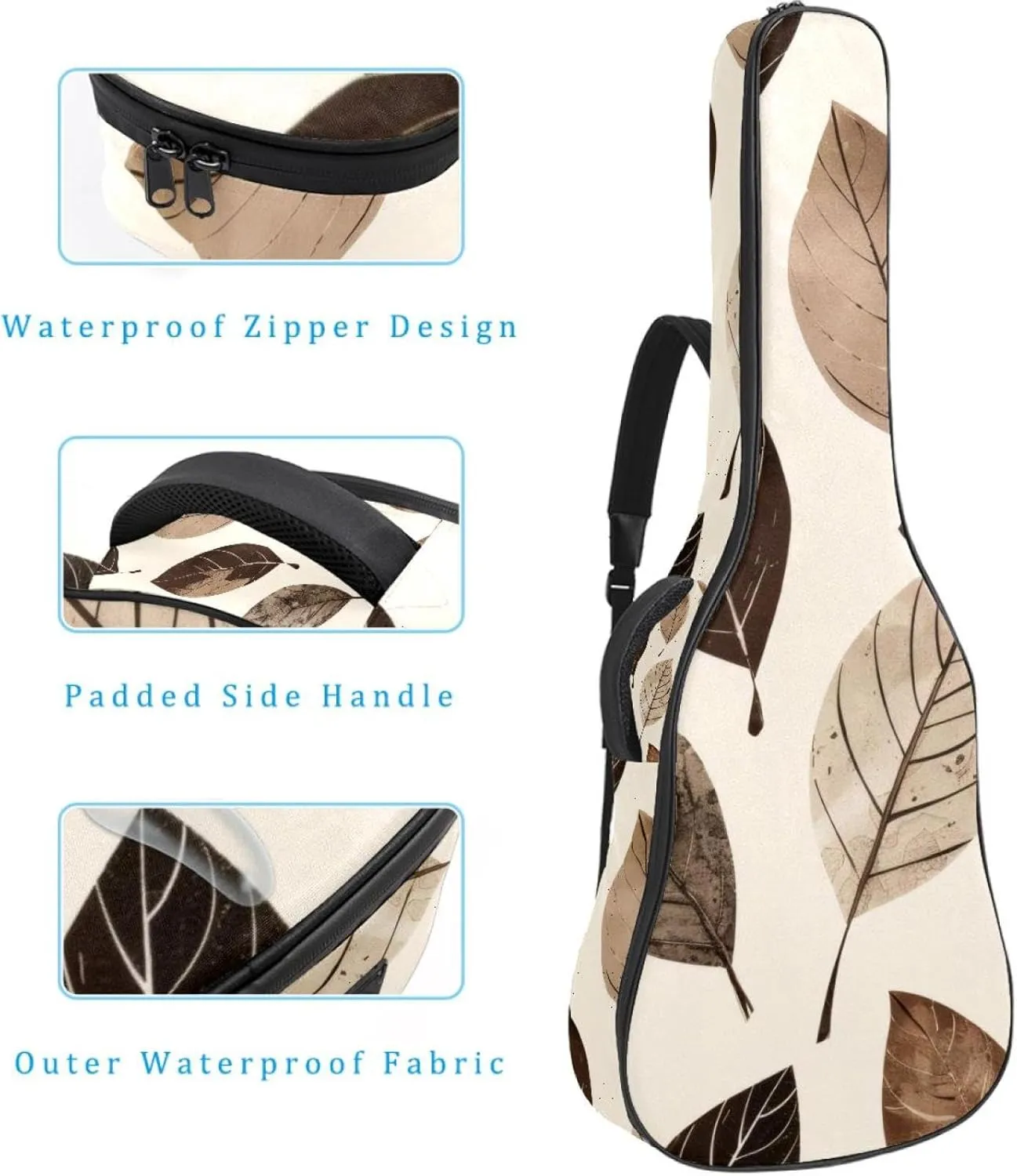 Acoustic Guitar Bag 1 cm Thick Padding, Waterproof Oxford Cloth Guitar Bag Backpack for 40-42 Inch Electric Bass Classical Guitars, Vintage Leaves