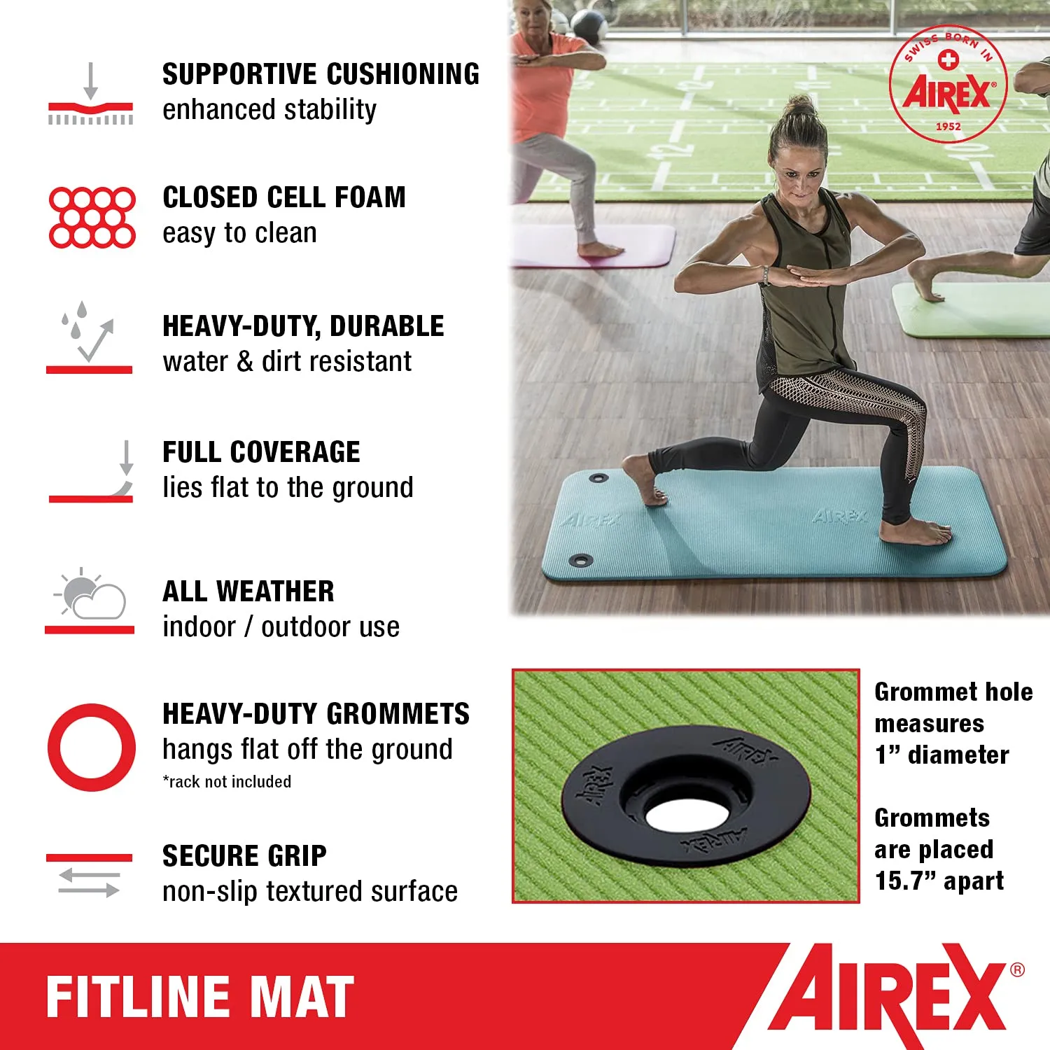 AIREX Fitline 180 Premium Exercise Mat - Home Workout Mat for Rehabilitation, Strength Training, Water Aerobics, Exercise, Fitness, Home Workouts 72" x 23", Aqua, With Hanging Grommets