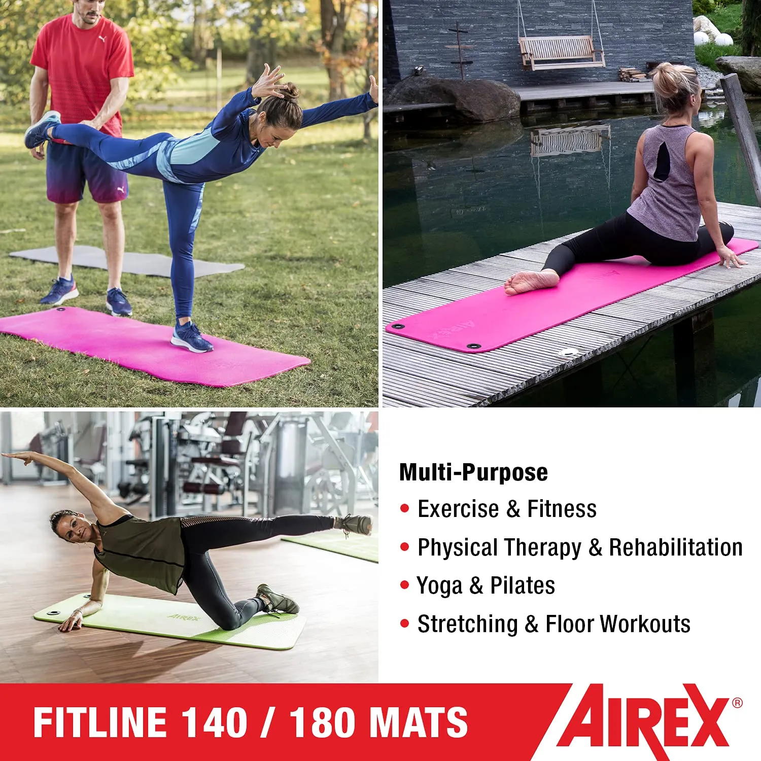 AIREX Fitline 180 Premium Exercise Mat - Home Workout Mat for Rehabilitation, Strength Training, Water Aerobics, Exercise, Fitness, Home Workouts 72" x 23", Aqua, With Hanging Grommets