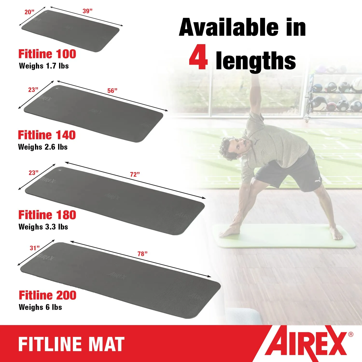 Airex Fitline 180 Workout Exercise Mat for Fitness, Gym Floor, Yoga, Pilates - Pink, 23" x 72" x 0.4"