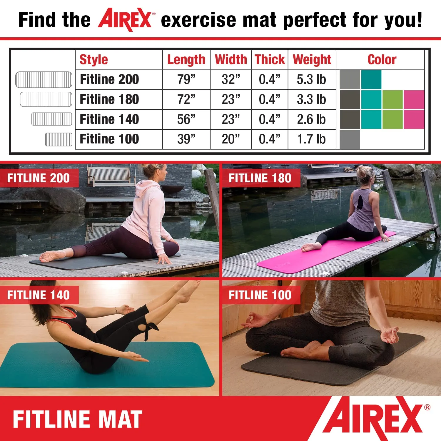 Airex Fitline 180 Workout Exercise Mat for Fitness, Gym Floor, Yoga, Pilates - Pink, 23" x 72" x 0.4"