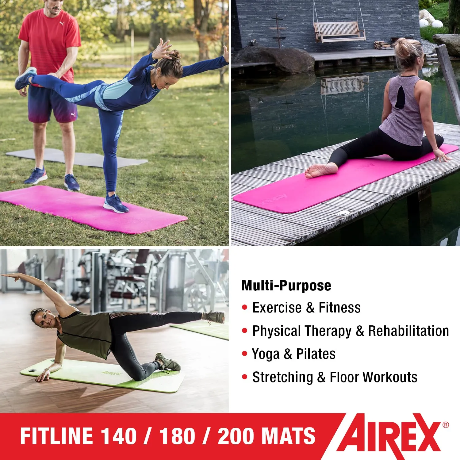 Airex Fitline 180 Workout Exercise Mat for Fitness, Gym Floor, Yoga, Pilates - Pink, 23" x 72" x 0.4"