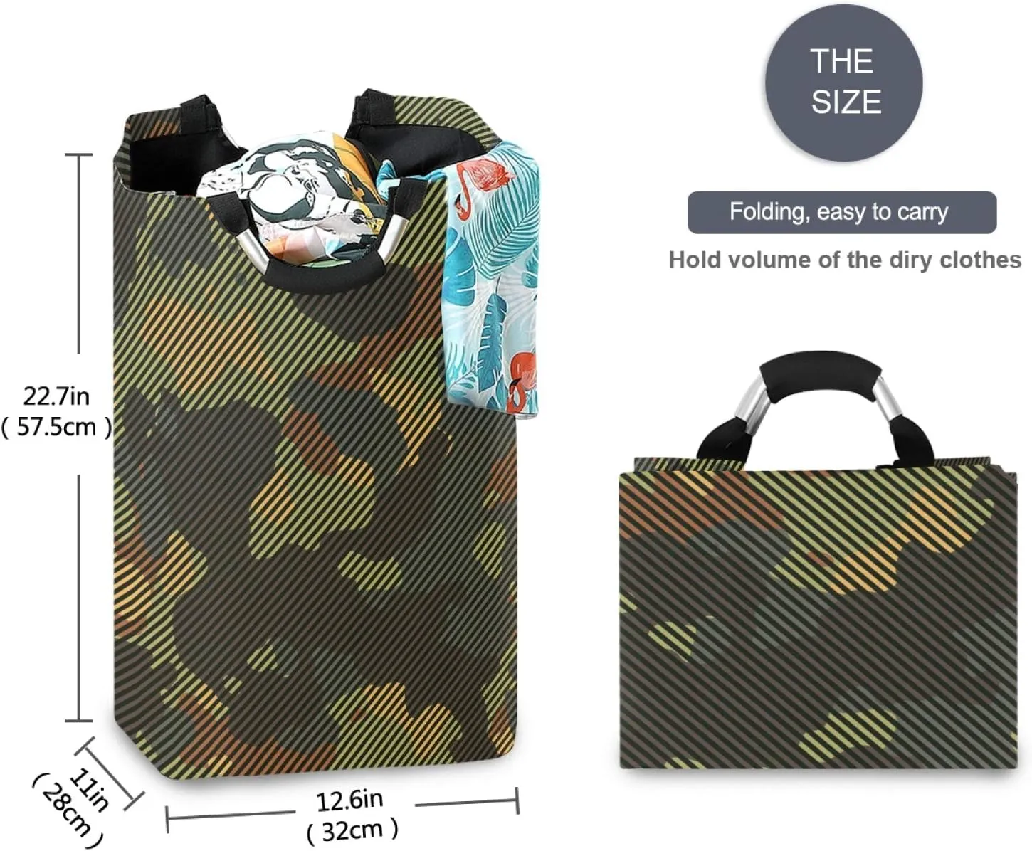 ALAZA Large Laundry Basket Green and Brown Camo Camoflauge Striped Laundry Bag Hamper Collapsible Oxford Cloth Stylish Home Storage Bin with Handles, 22.7 Inch