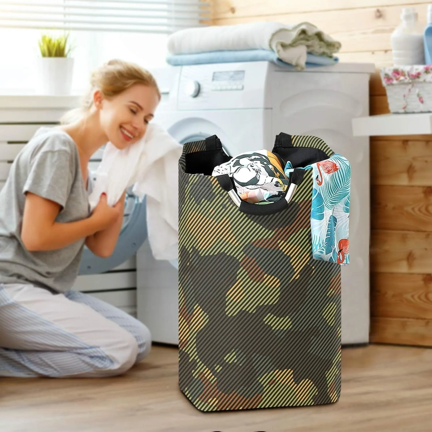 ALAZA Large Laundry Basket Green and Brown Camo Camoflauge Striped Laundry Bag Hamper Collapsible Oxford Cloth Stylish Home Storage Bin with Handles, 22.7 Inch