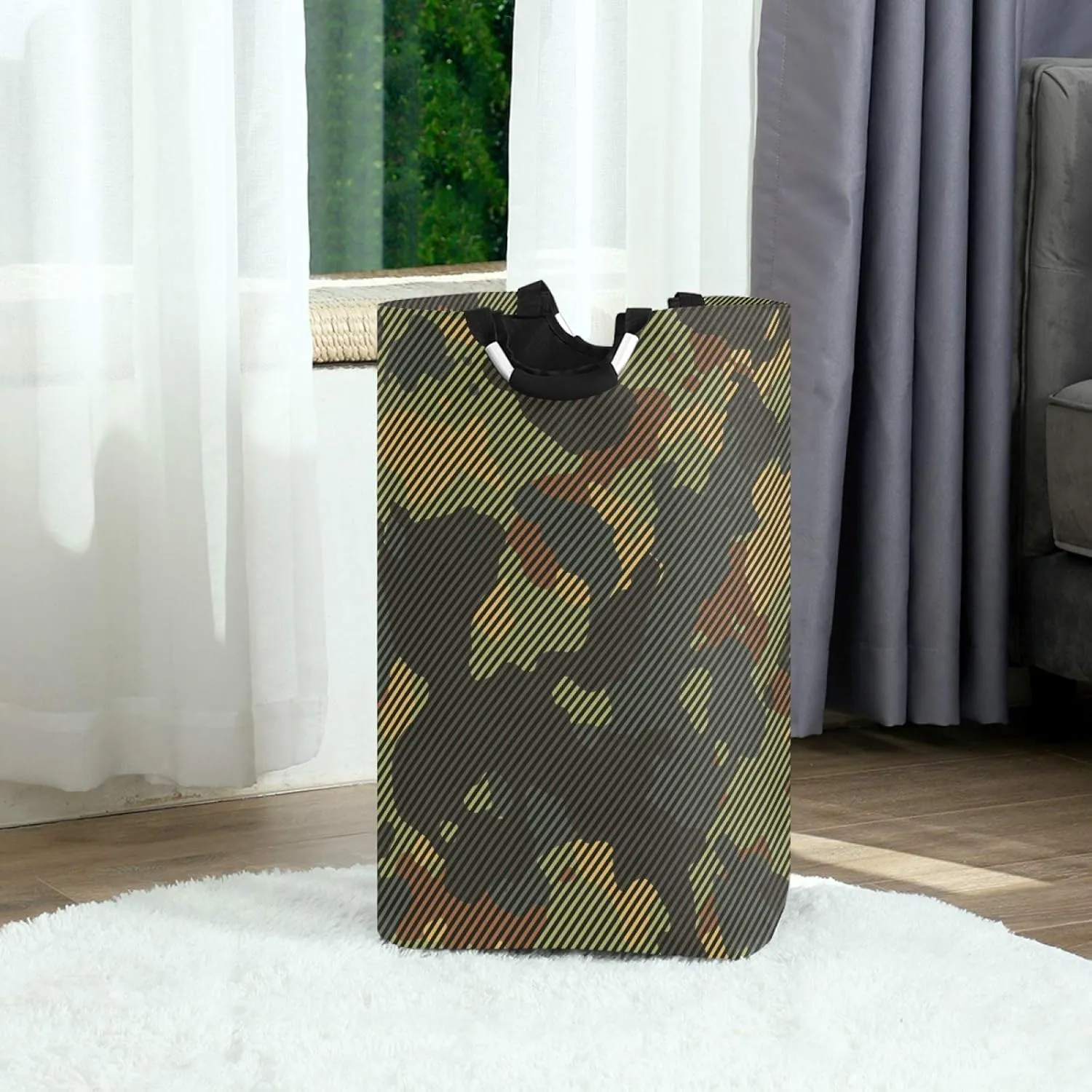 ALAZA Large Laundry Basket Green and Brown Camo Camoflauge Striped Laundry Bag Hamper Collapsible Oxford Cloth Stylish Home Storage Bin with Handles, 22.7 Inch