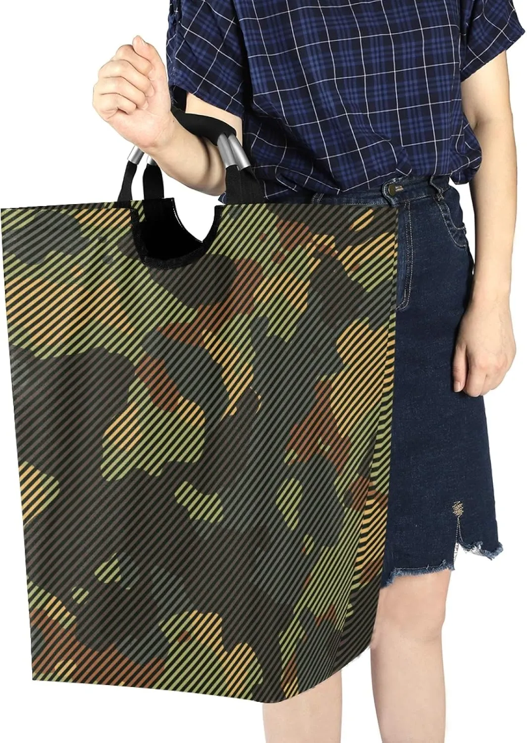 ALAZA Large Laundry Basket Green and Brown Camo Camoflauge Striped Laundry Bag Hamper Collapsible Oxford Cloth Stylish Home Storage Bin with Handles, 22.7 Inch