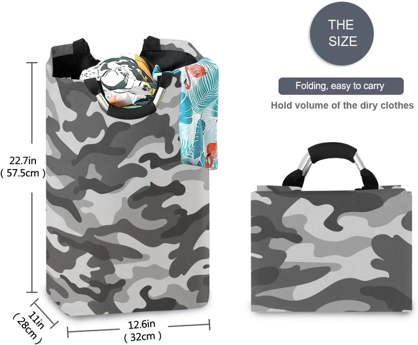 ALAZA Large Laundry Hamper Basket Gray Military Camouflage Laundry Bag Collapsible Oxford Cloth Stylish Home Storage Bin with Handles, 22.7 Inch