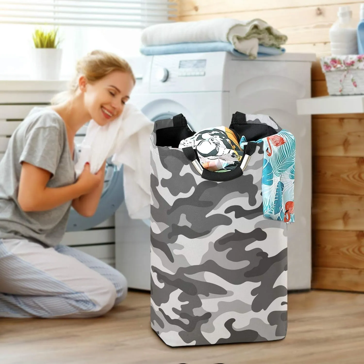 ALAZA Large Laundry Hamper Basket Gray Military Camouflage Laundry Bag Collapsible Oxford Cloth Stylish Home Storage Bin with Handles, 22.7 Inch