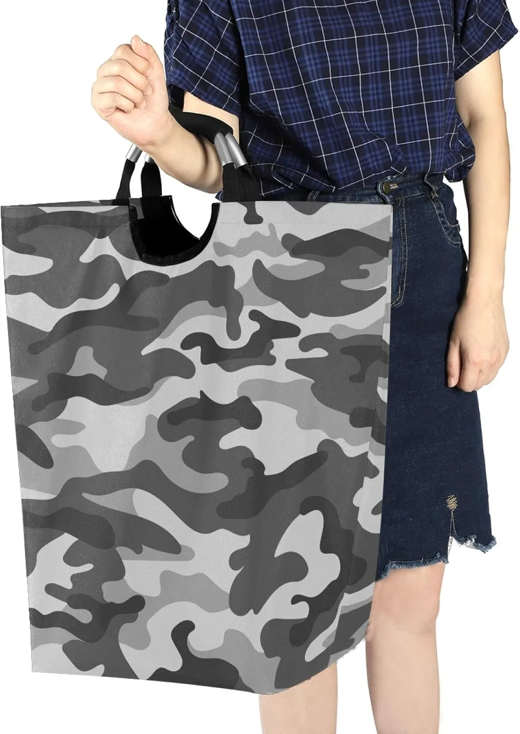 ALAZA Large Laundry Hamper Basket Gray Military Camouflage Laundry Bag Collapsible Oxford Cloth Stylish Home Storage Bin with Handles, 22.7 Inch
