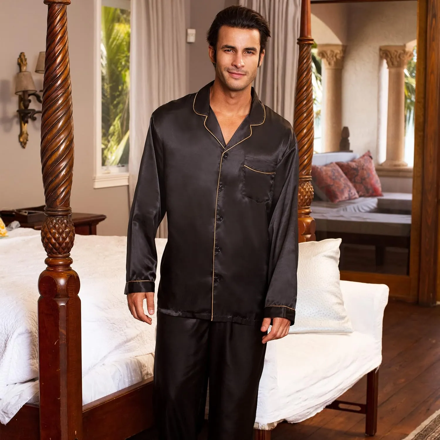 Alexander Del Rossa Mens Satin Pajamas Set, Satin Pajamas for Men, Satin PJ Set Men
