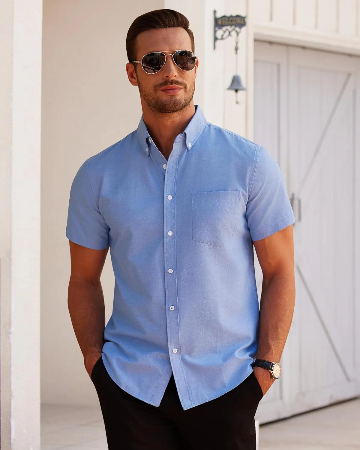 Alimens & Gentle Men's Short Sleeve Oxford Shirt Regular Fit Button Down Collar Shirts with Pocket