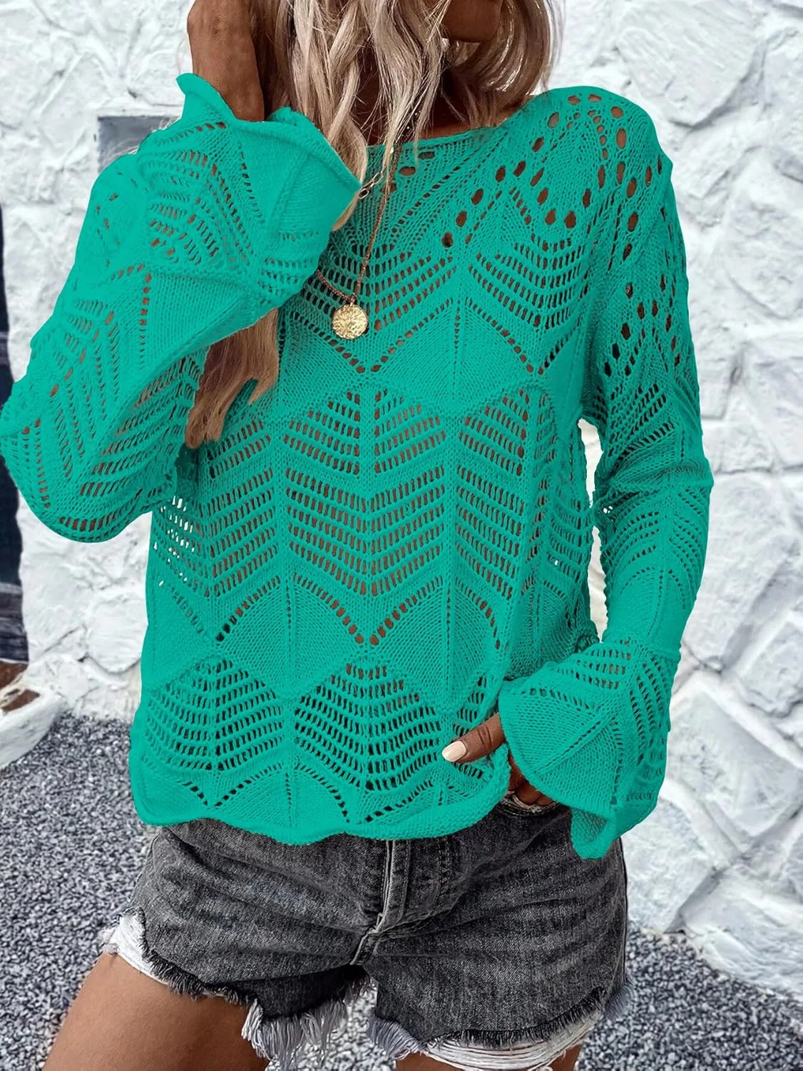 Allimy Womens Long Sleeve Hollow Out Crochet Crewneck Knitted Top Blouses Cover Up
