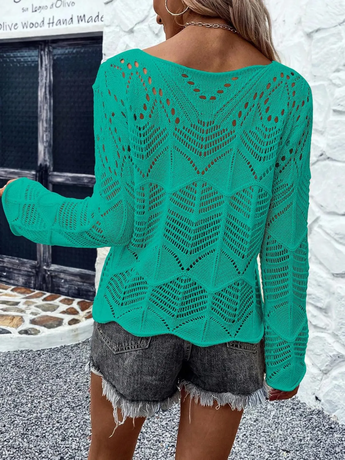 Allimy Womens Long Sleeve Hollow Out Crochet Crewneck Knitted Top Blouses Cover Up