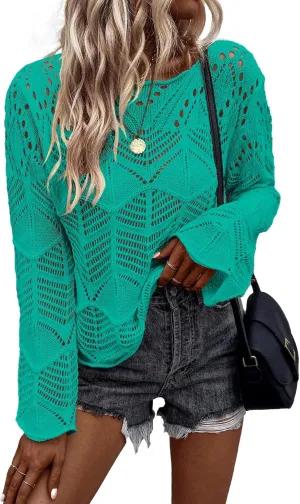 Allimy Womens Long Sleeve Hollow Out Crochet Crewneck Knitted Top Blouses Cover Up