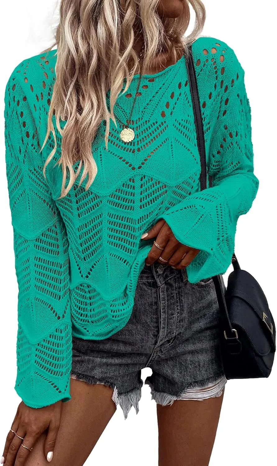 Allimy Womens Long Sleeve Hollow Out Crochet Crewneck Knitted Top Blouses Cover Up