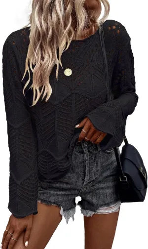 Allimy Womens Long Sleeve Hollow Out Crochet Crewneck Knitted Top Blouses Cover Up