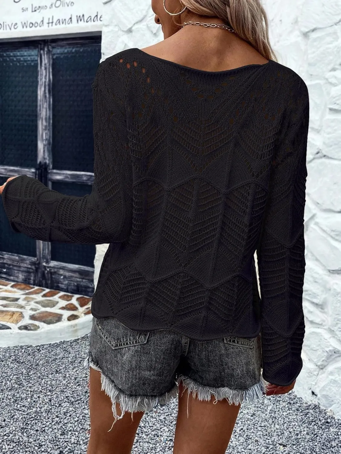 Allimy Womens Long Sleeve Hollow Out Crochet Crewneck Knitted Top Blouses Cover Up