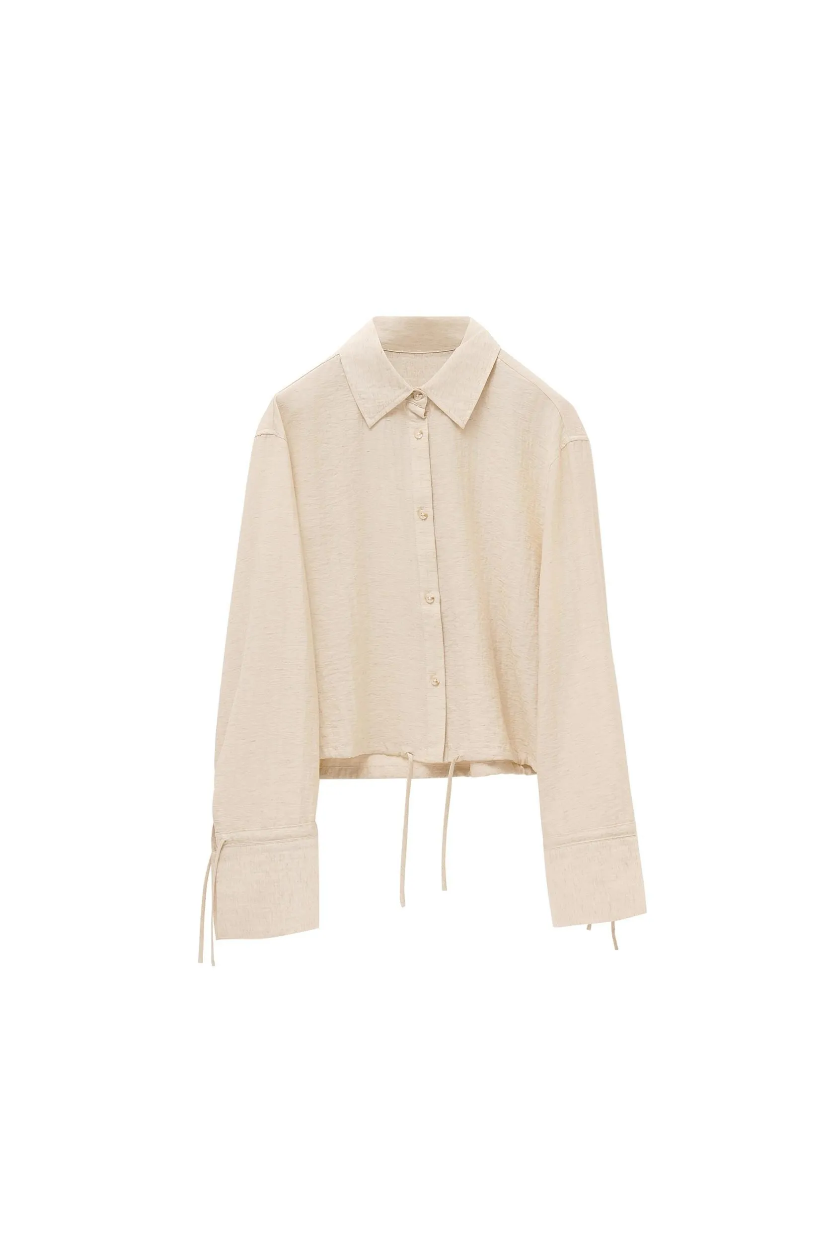 Apricot & Black Linen-Blend Cropped Shirt | Women's Summer Breezy Top with Adjustable Drawstring Hem