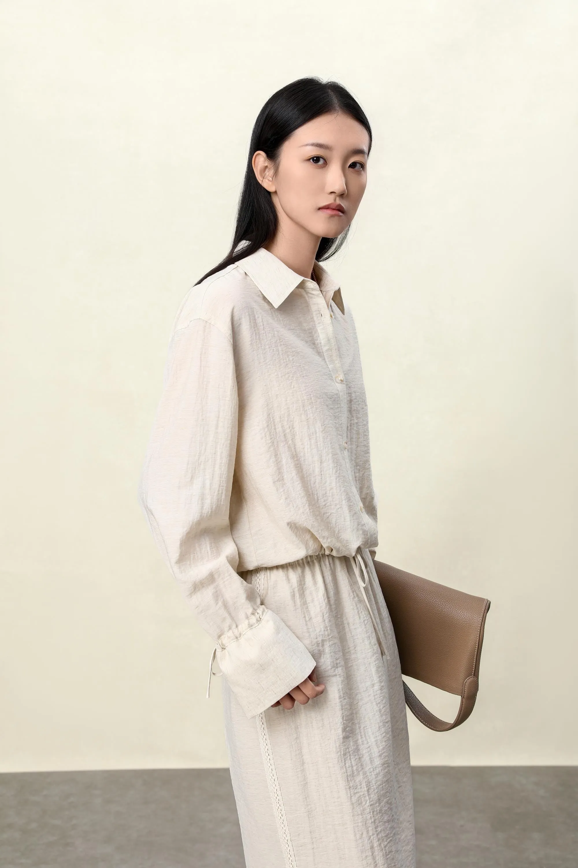 Apricot & Black Linen-Blend Cropped Shirt | Women's Summer Breezy Top with Adjustable Drawstring Hem
