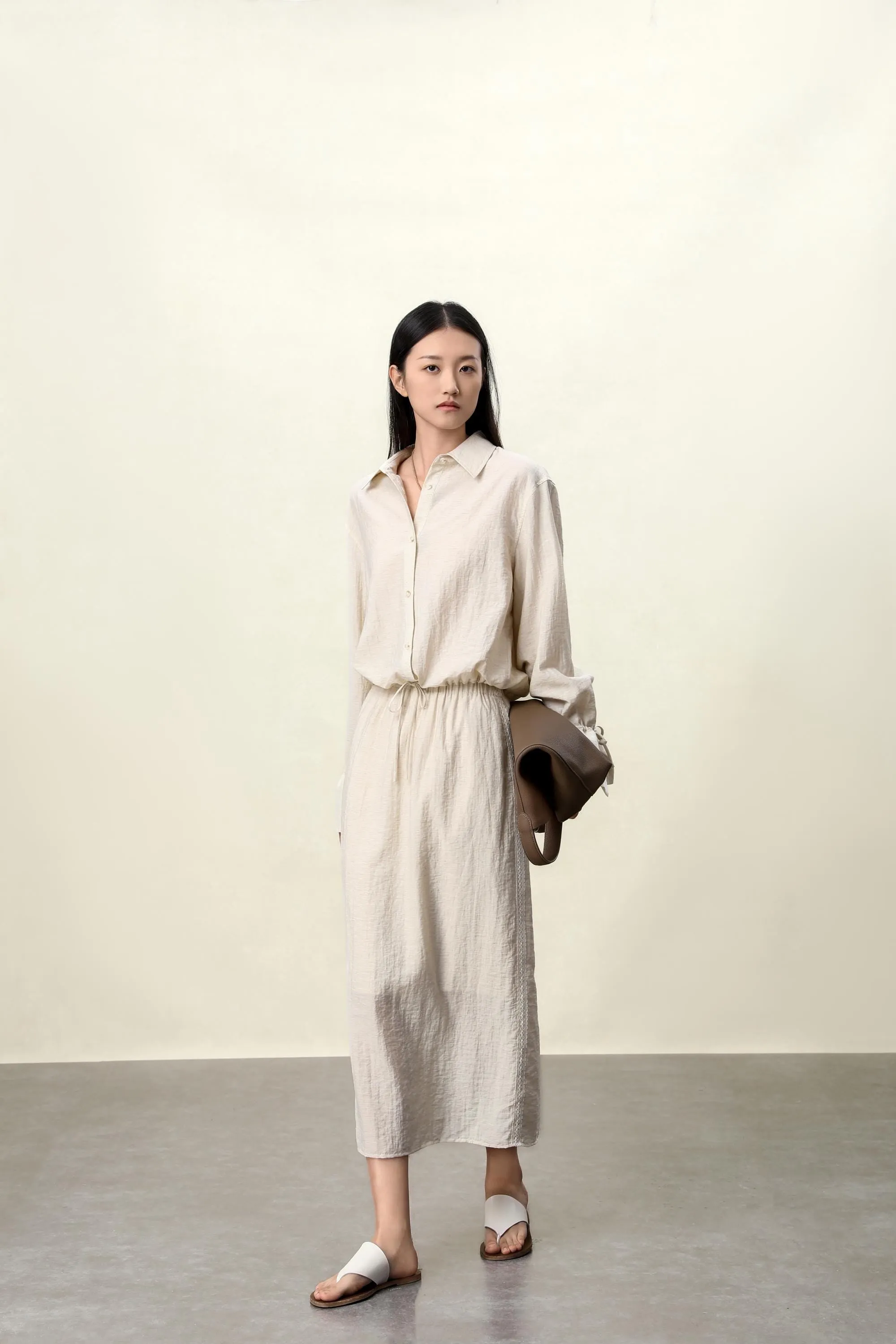 Apricot & Black Linen-Blend Cropped Shirt | Women's Summer Breezy Top with Adjustable Drawstring Hem