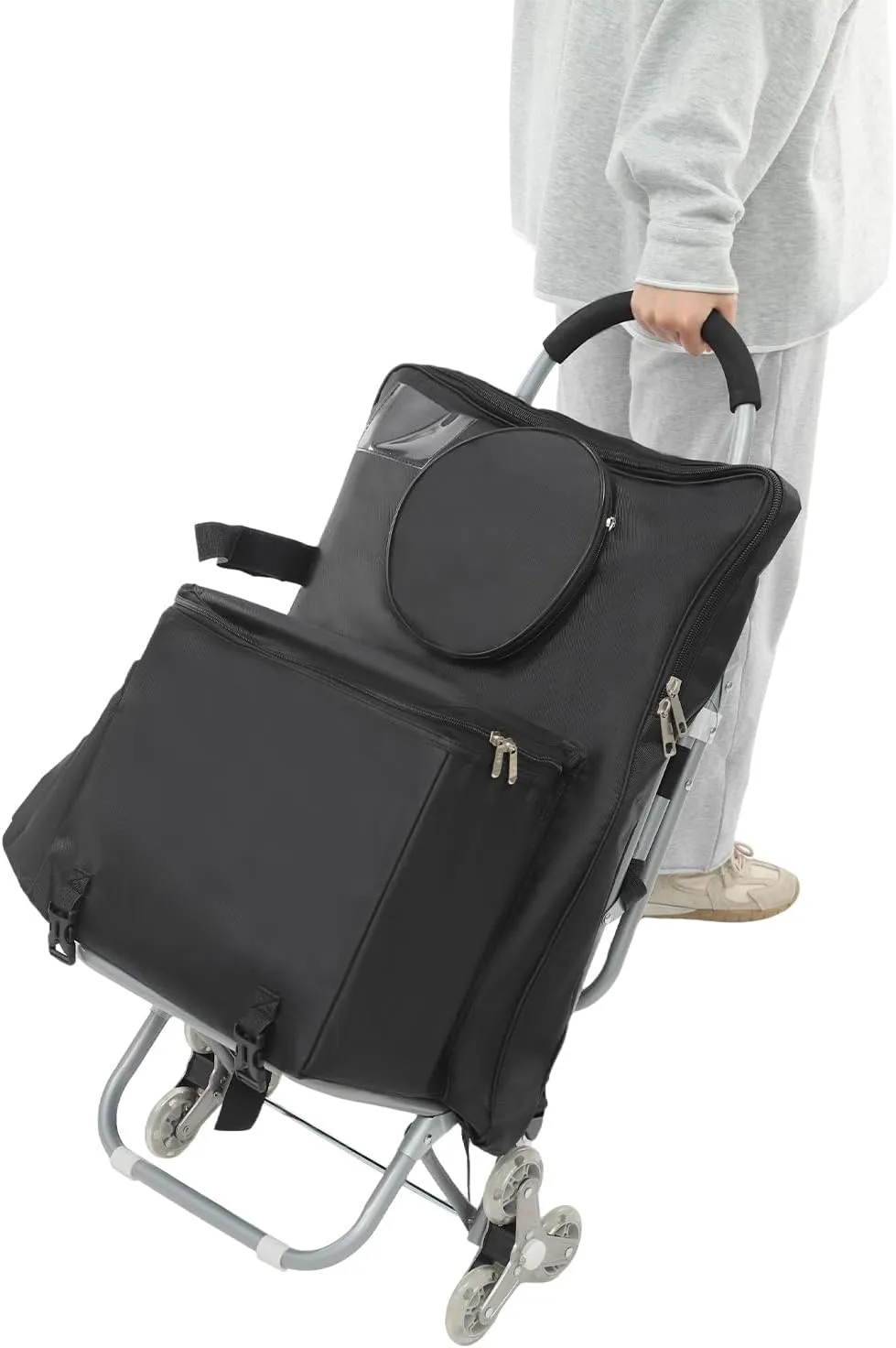 Art Cart with Drawing Storage Bag, Rolling Art Cart with Three-Wheel Design, Folding Wheeled Portable Rolling Chair/Art Cart, Rolling Storage Cart for Mall Shopping, Outdoor Painting (Black)