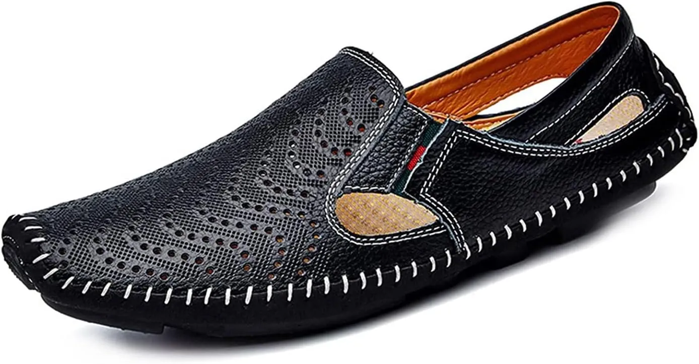 Asifn Mens Leather Driving Loafer Lightweight Slip-on Breathable Walking Boat Shoes Flat Slippers Outdoor Moccasin